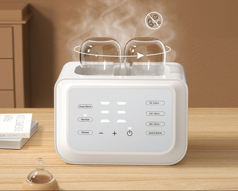 White automatic dual baby bottle warmer with steam sterilization, digital display, and two glass bottles.