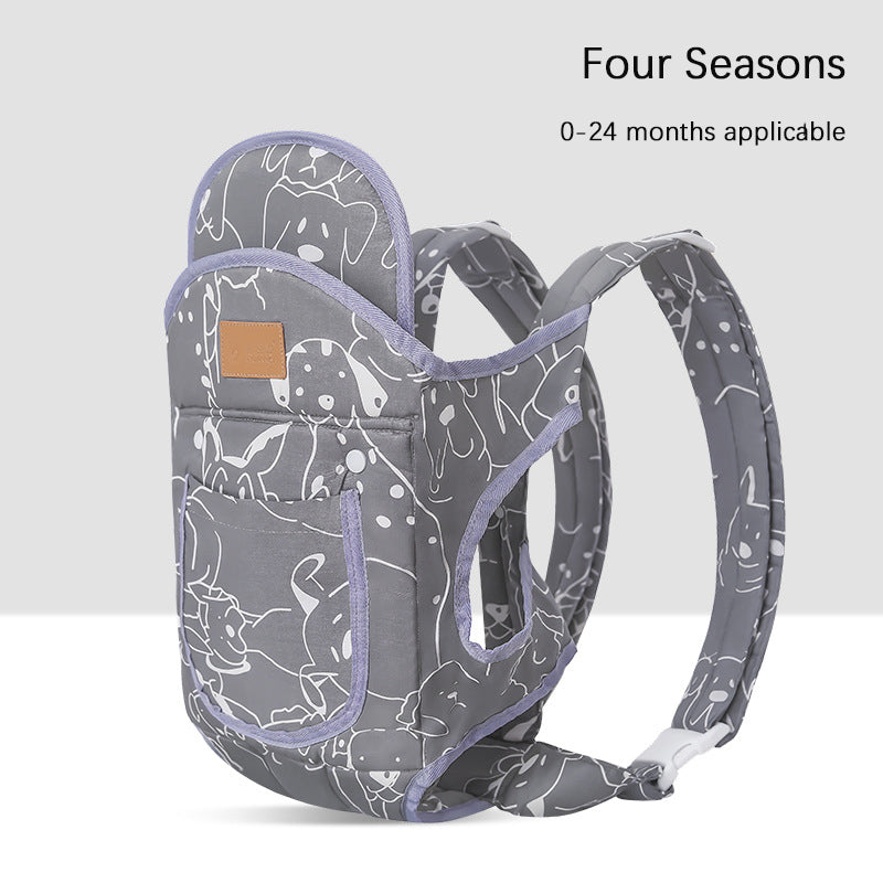 Gray ergonomic baby carrier with white animal print, padded straps, and light purple trim.