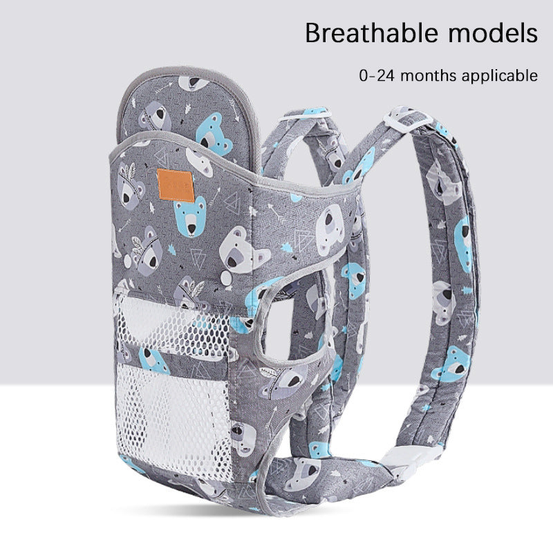 Gray ergonomic baby carrier with blue bear pattern, breathable mesh, and padded straps.