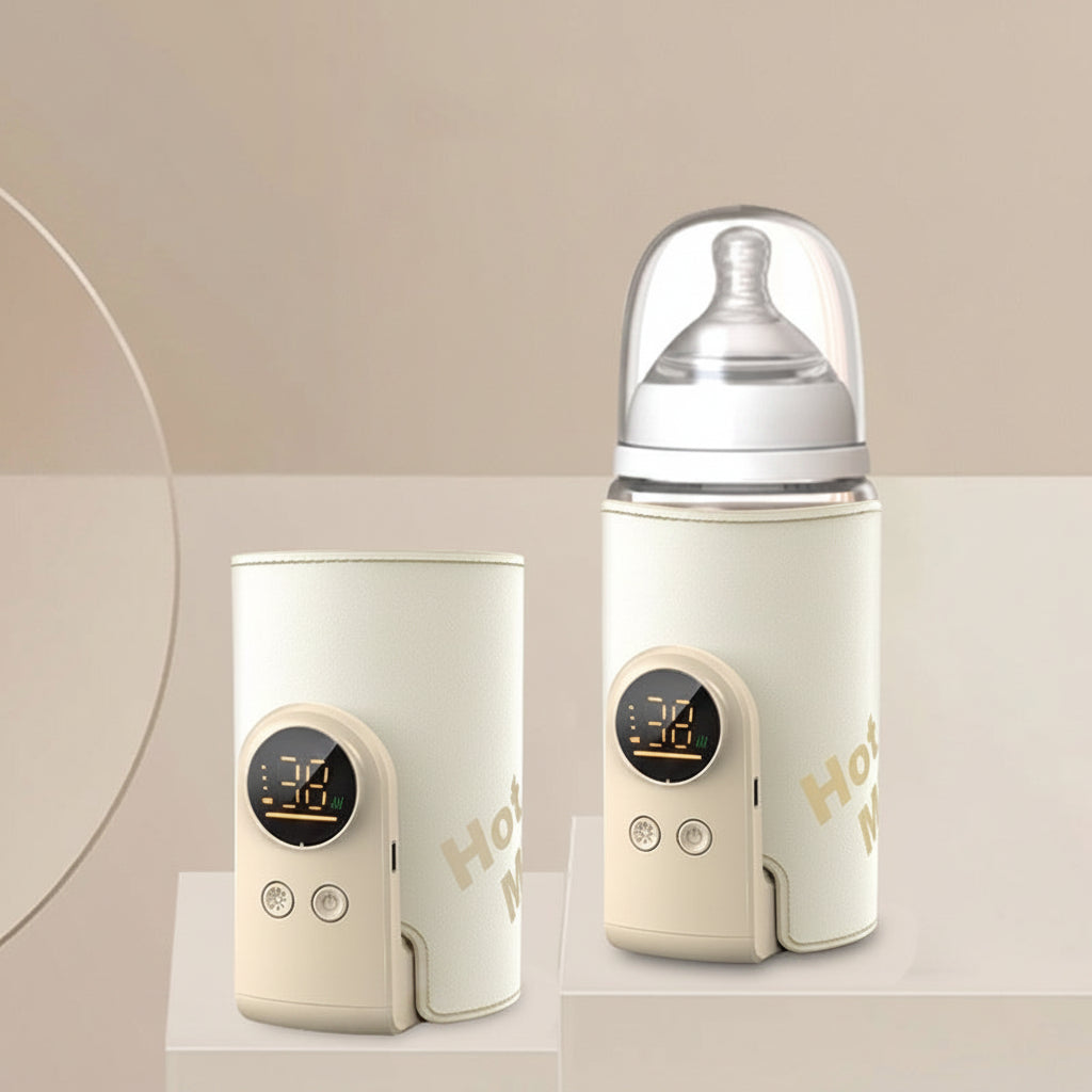Portable beige baby bottle warmer with digital display, shown with and without a bottle.