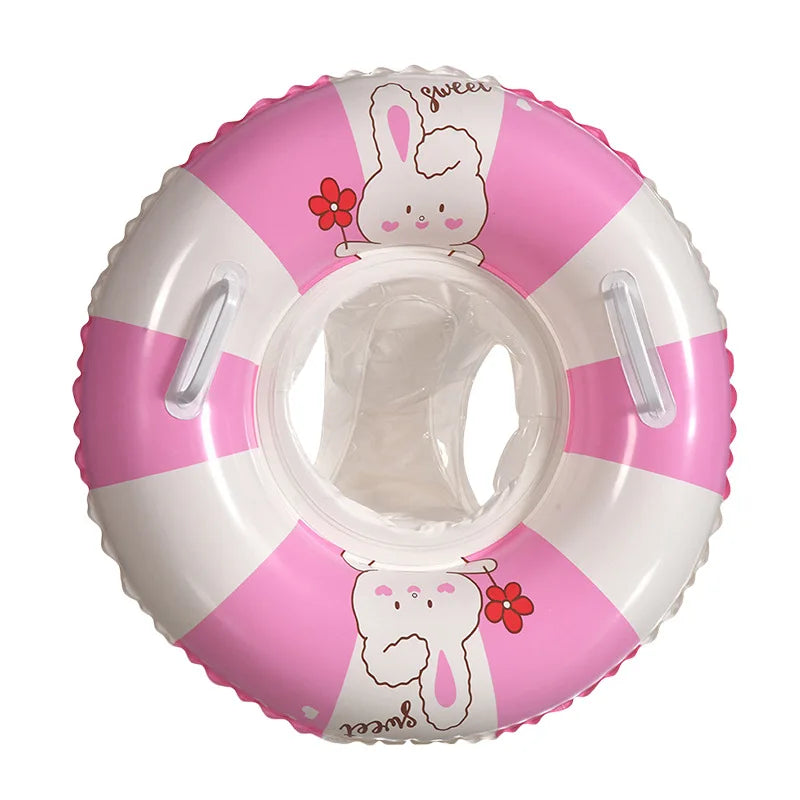 Pink and white striped inflatable baby swim float with cute bunny design and handles.