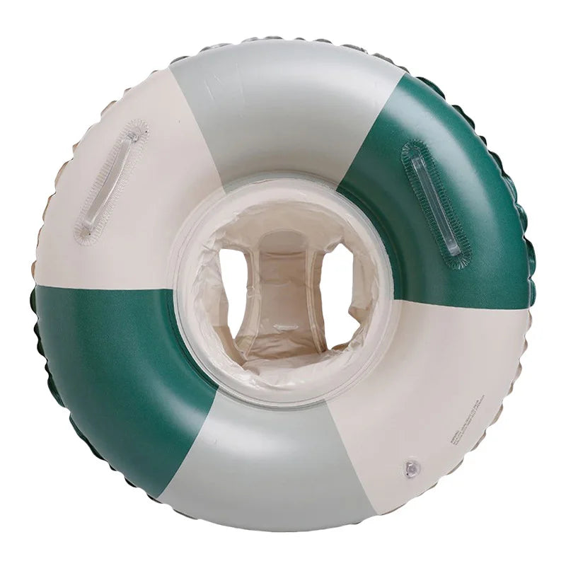 Inflatable baby swim float with sun canopy, green, white, and gray PVC.