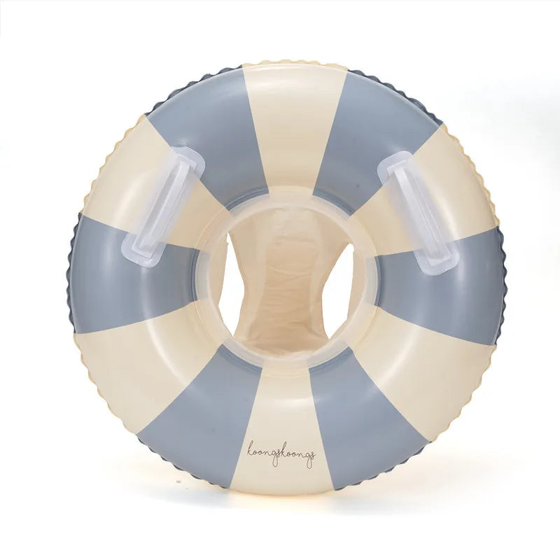 Inflatable baby swim float with cream and blue stripes, sun canopy, and handles.
