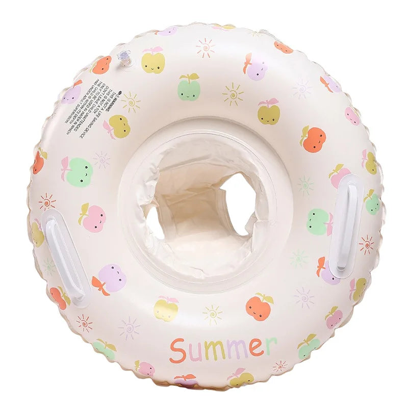White inflatable baby swim float with colorful fruit and sun patterns, handles, and a central seat.