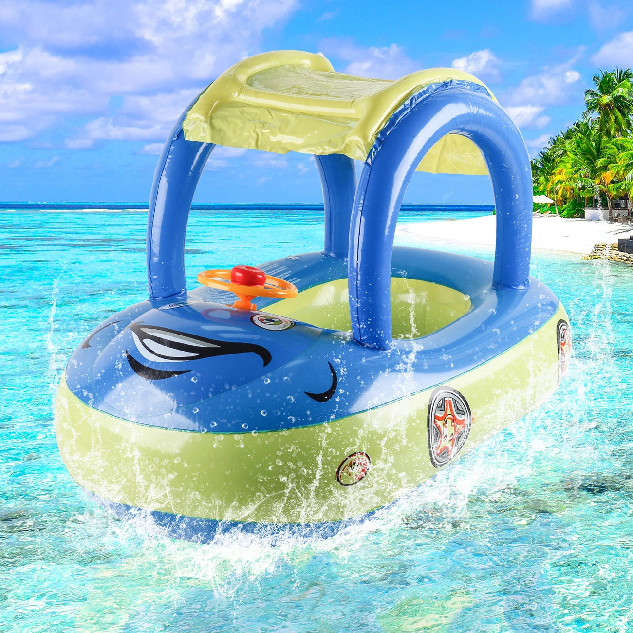 Blue and green inflatable toy car float with a yellow canopy, splashing in clear blue ocean water.