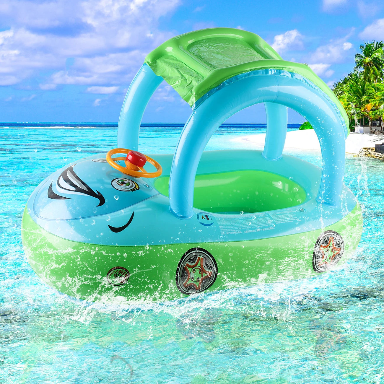 Blue and green inflatable car-shaped swimming float with a canopy, steering wheel, and playful designs.