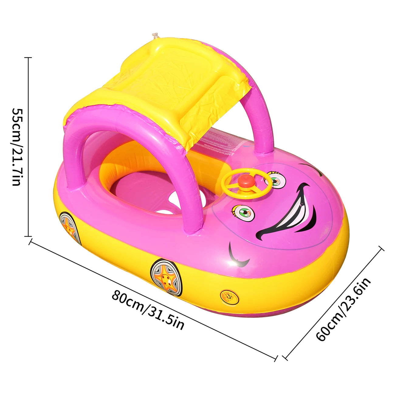 Pink and yellow inflatable car-shaped swimming float for kids with a sun canopy and steering wheel.