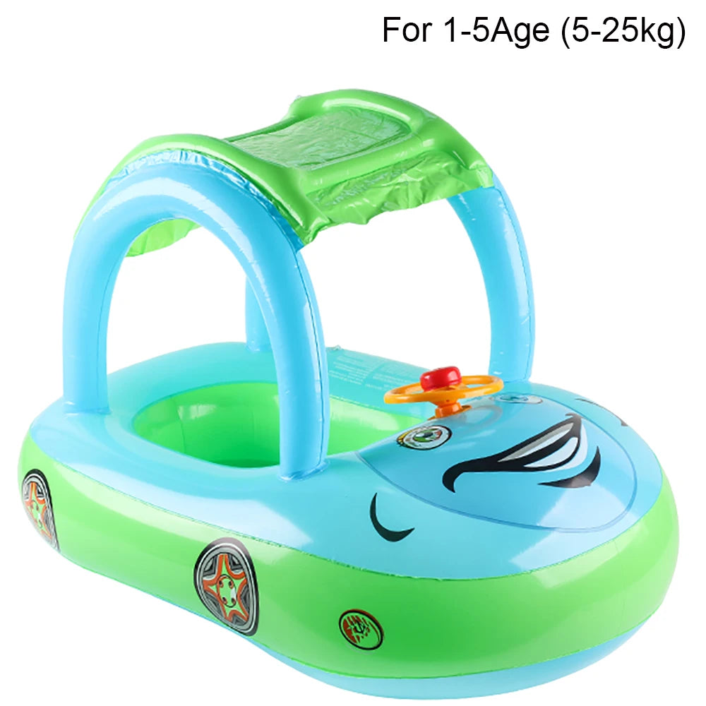 Blue and green inflatable PVC car-shaped swimming ring for kids 4-6 with sun canopy and steering wheel.