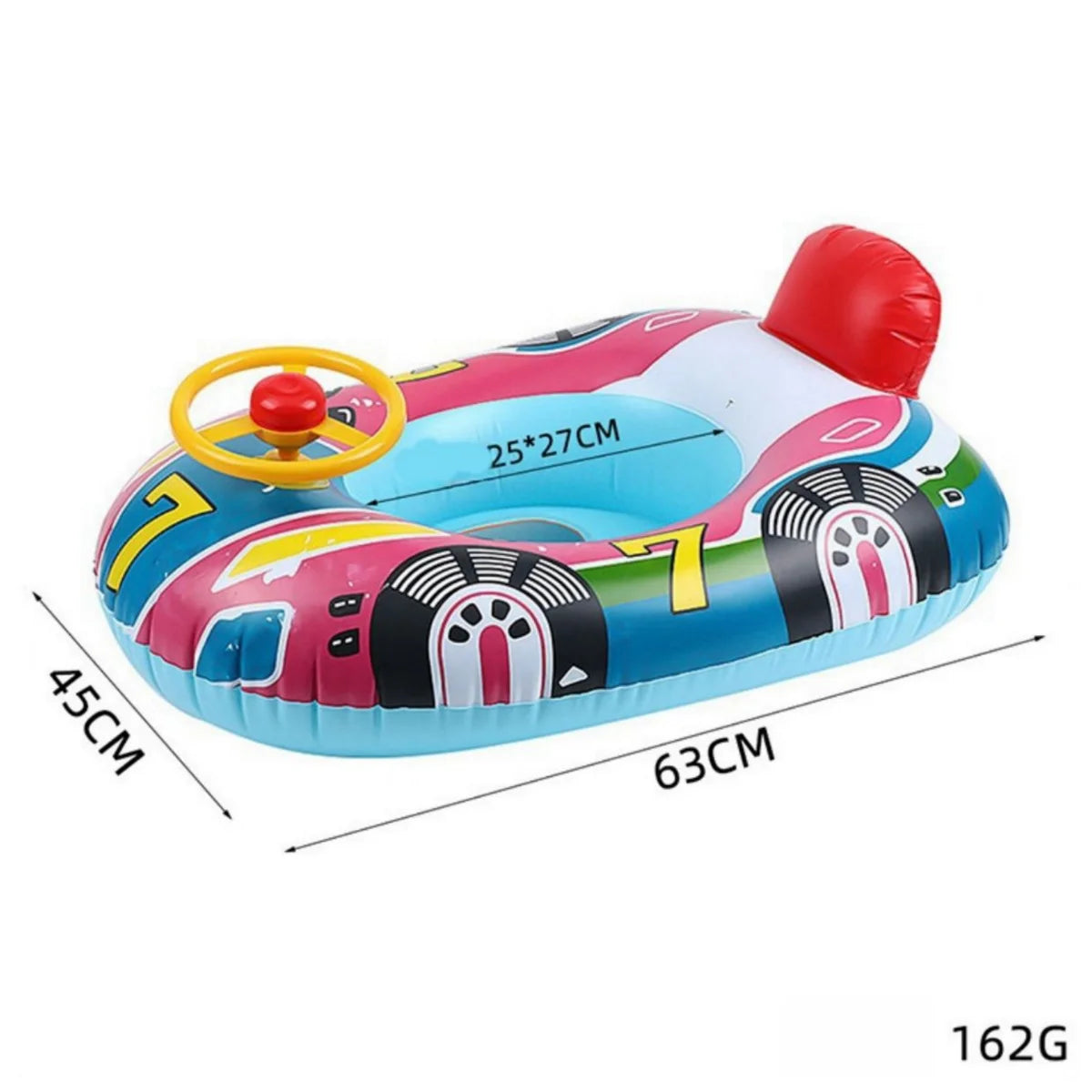 Inflatable baby swim float in a colorful car design with safety seat, steering wheel, and backrest.