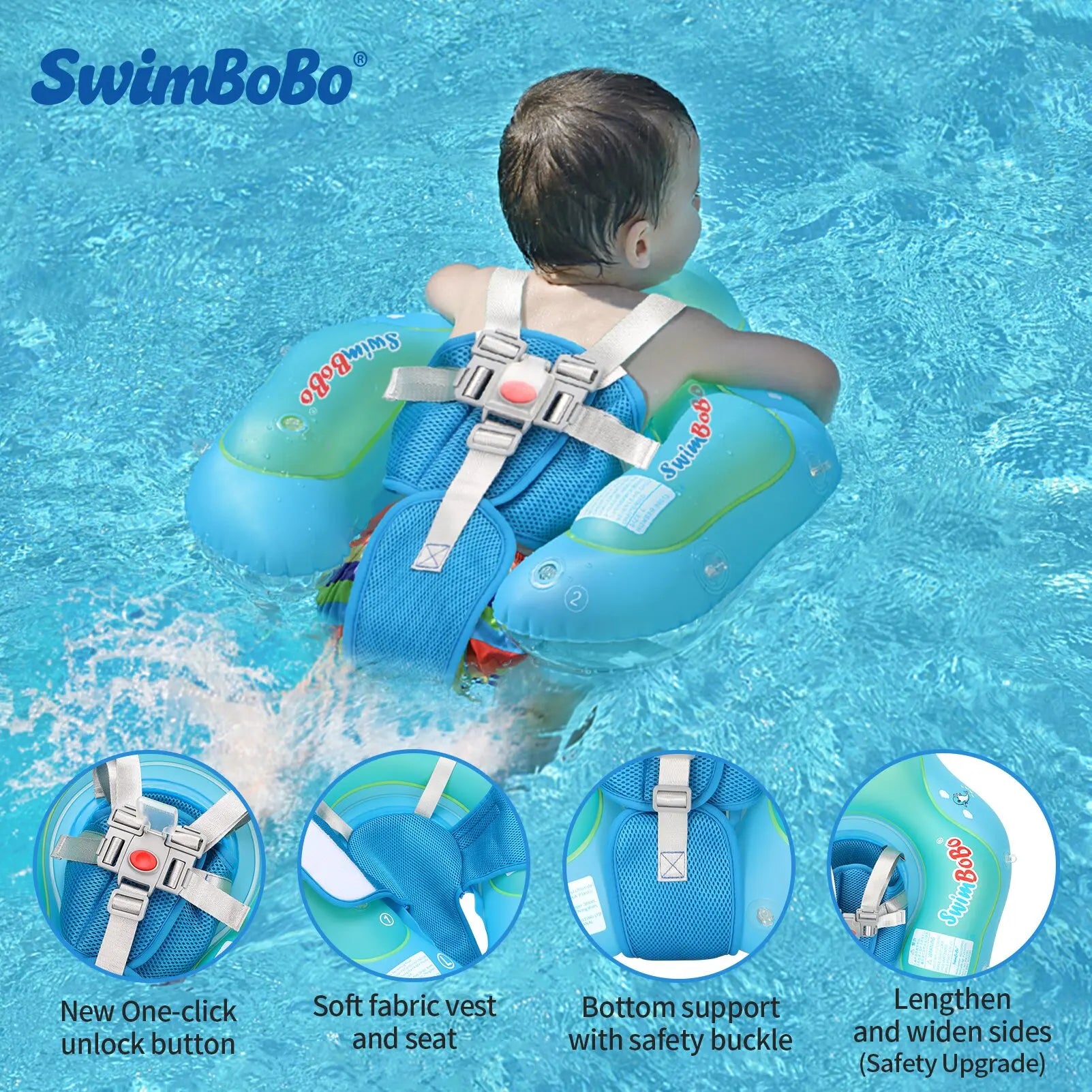 Blue SwimBobo baby float with sun canopy, soft fabric vest, and bottom support in a pool.