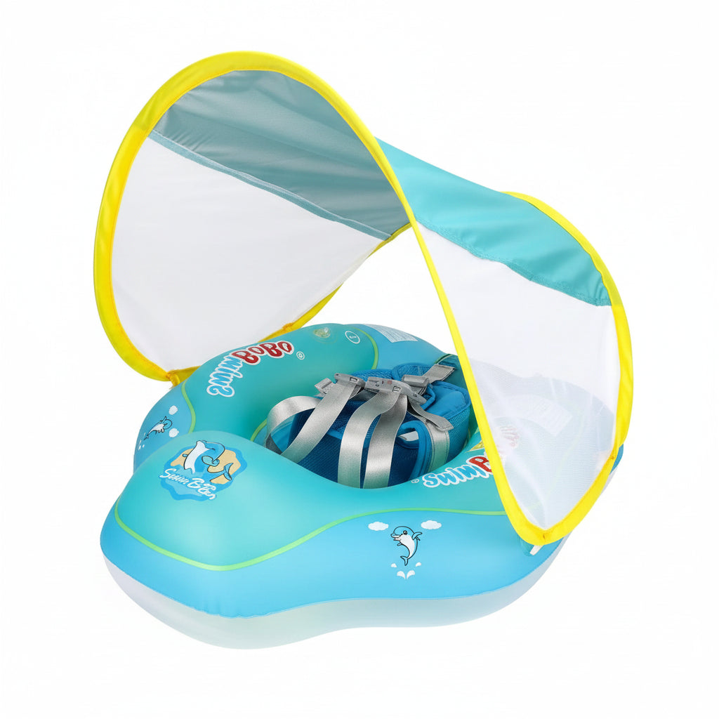Blue inflatable baby swim float with sun canopy, adjustable support, and safety buckle.