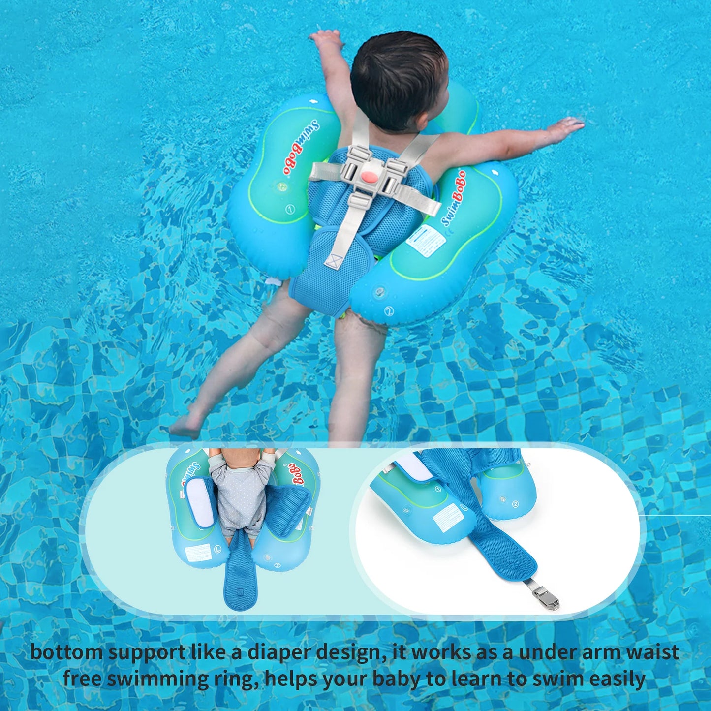 Blue inflatable baby swim float with sun canopy and secure harness in a pool.
