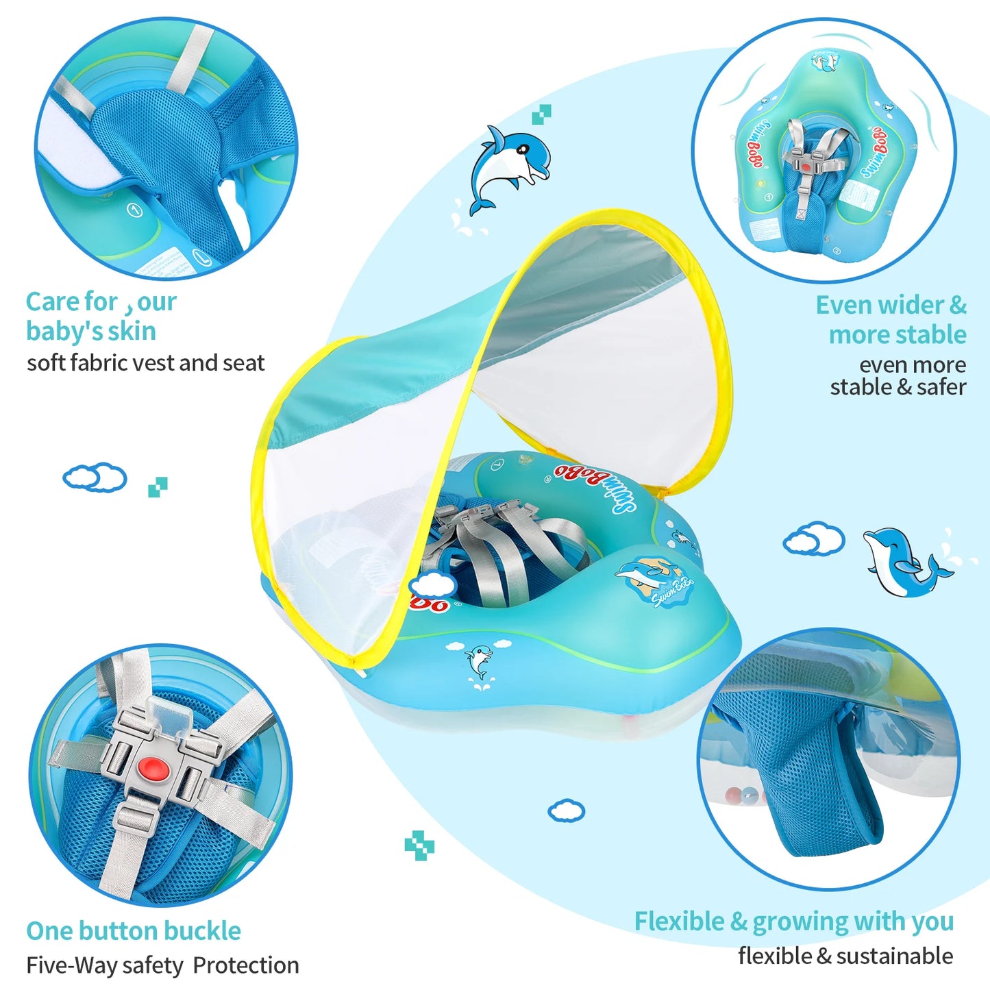Blue inflatable baby swim float with sun canopy, safety harness, and soft chest support.