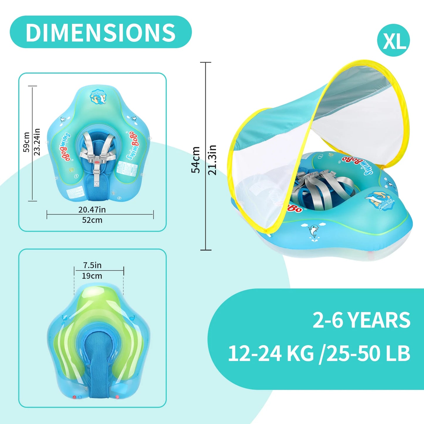 Blue inflatable baby swim float with sun canopy, safety harness, and dimensions.