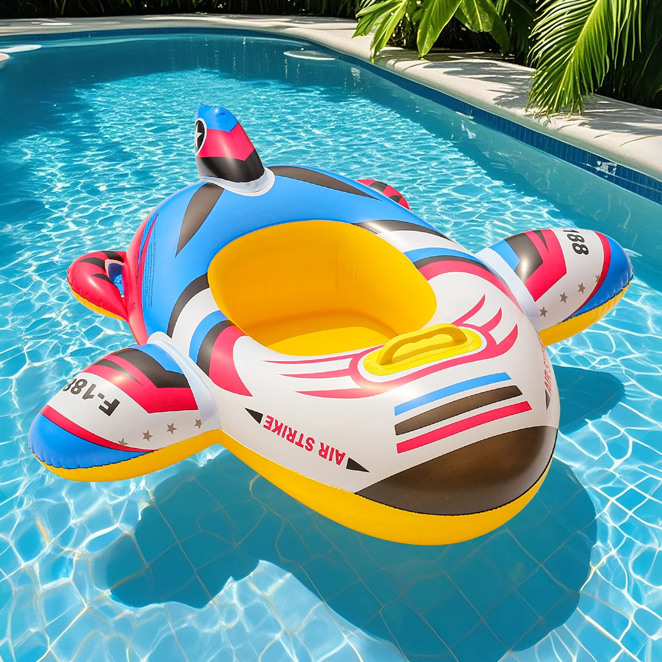 Colorful inflatable airplane pool float for kids aged 3-6, with blue, red, yellow, and white PVC.