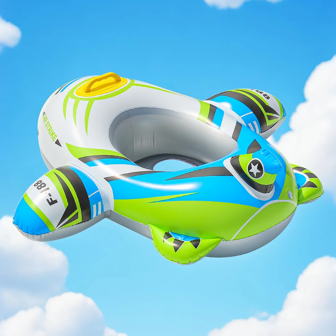 Inflatable airplane-design swimming ring for kids 3-6, white, blue, and green PVC.