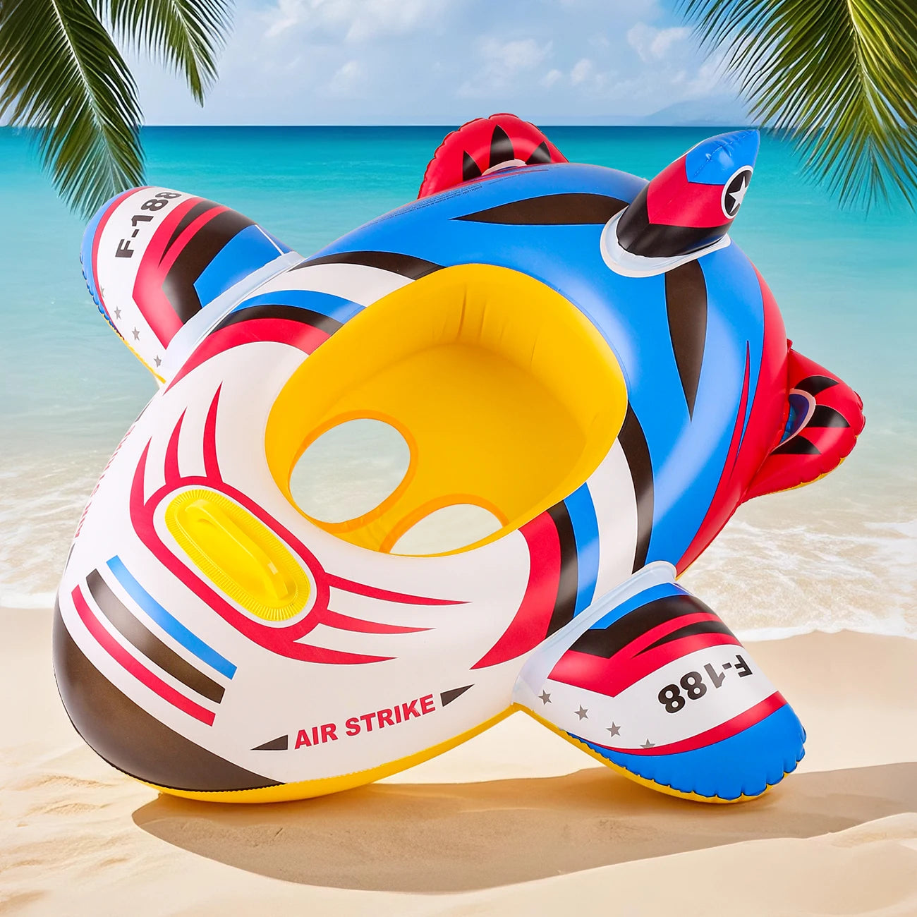 Inflatable airplane swim ring for kids, red, white, and blue, on a sandy beach.