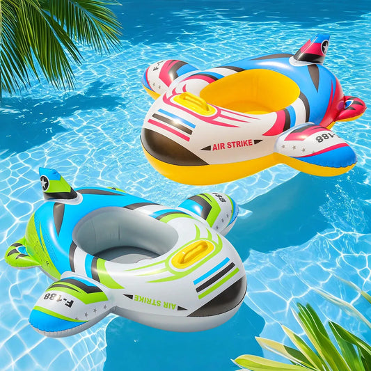 Two colorful PVC airplane-shaped inflatable pool floats for kids aged 3-6, floating in a blue swimming pool.