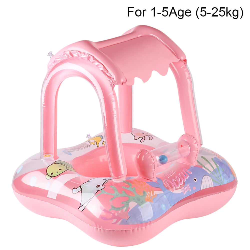Pink inflatable baby swim float with sun canopy and ocean animal graphics.
