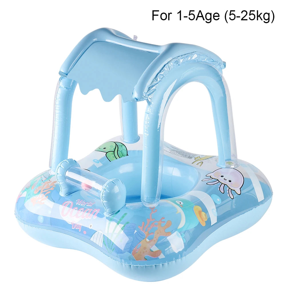 Blue inflatable baby swim float with sun canopy and ocean animal design.