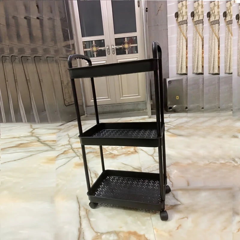 Black 3-tier plastic rolling storage cart with perforated shelves and handles.