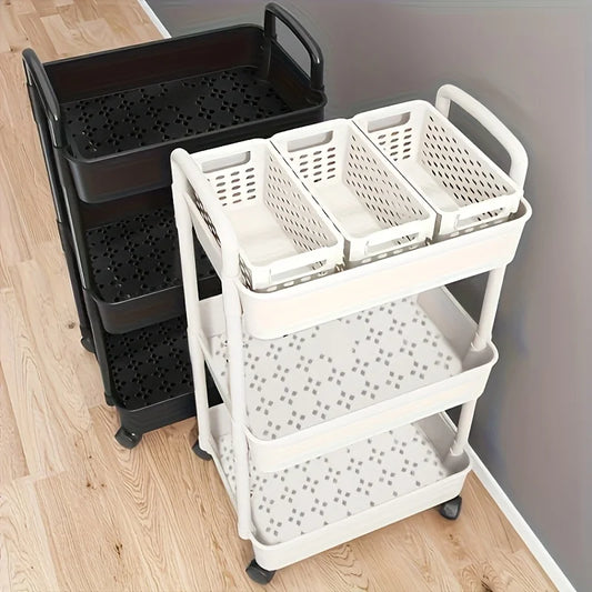 White and black 3-tier plastic rolling storage carts with perforated shelves and handles.