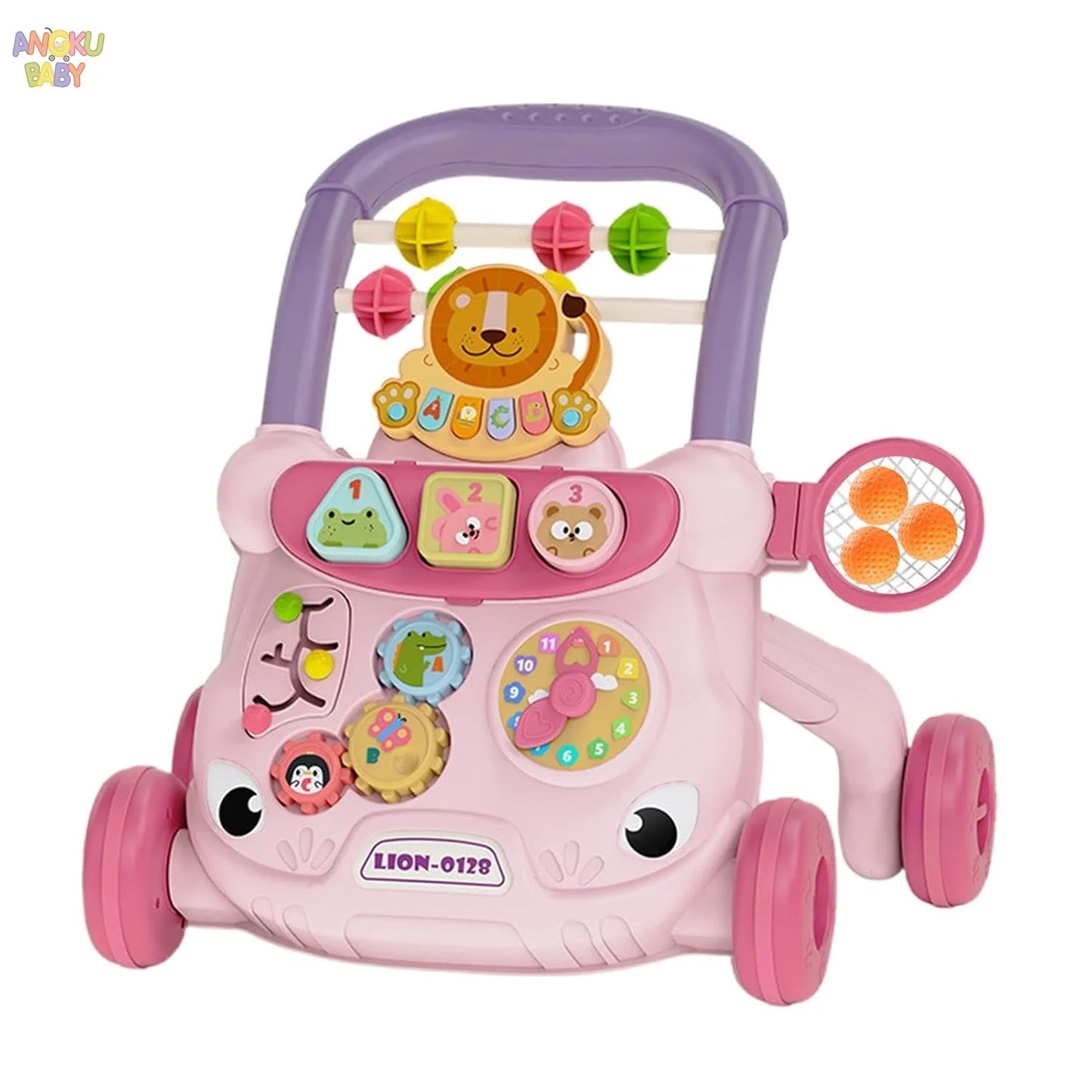 Pink multi-functional baby walker with purple handle, anti-tip design, activity panel, and four wheels.