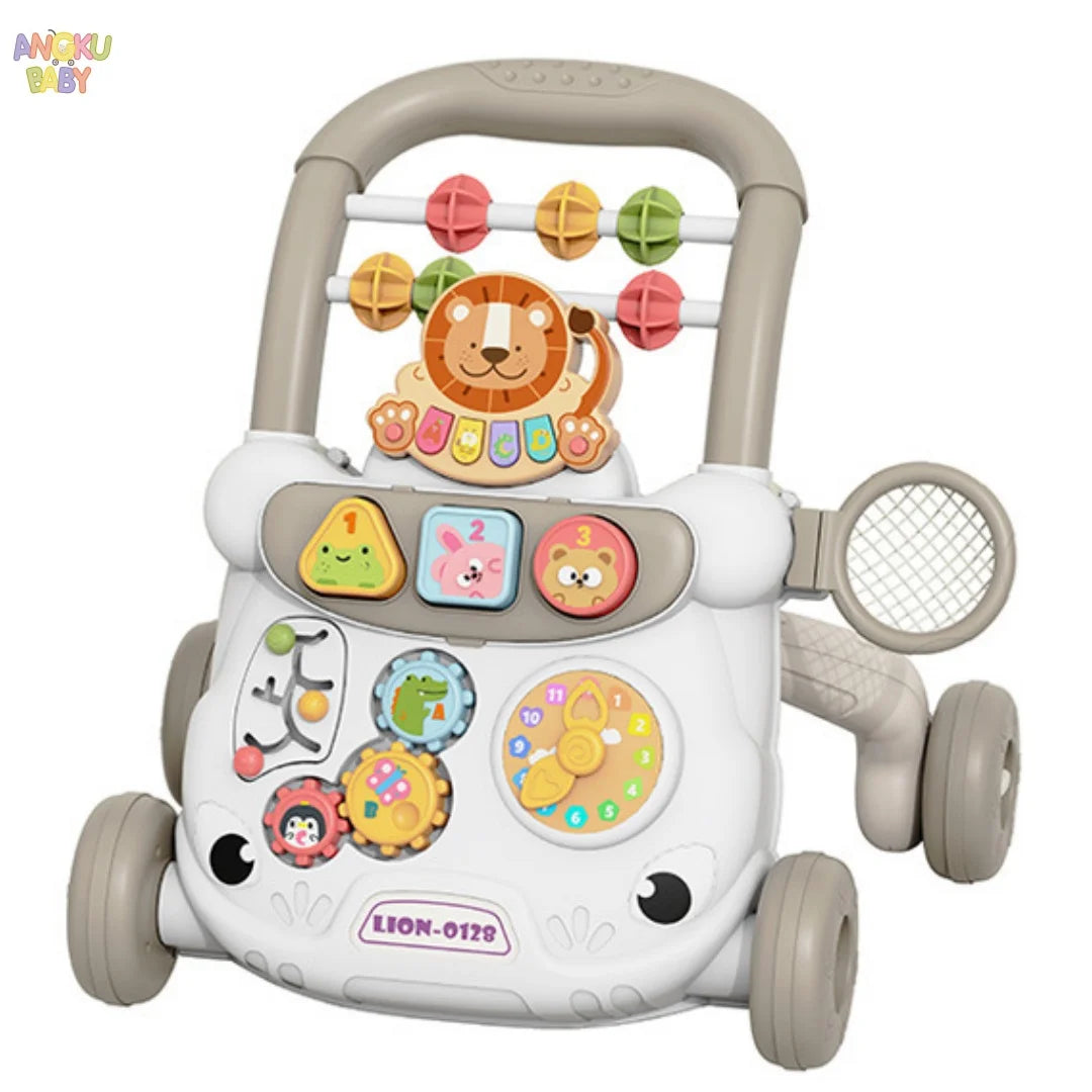 White multi-functional baby walker with a lion design, adjustable handle, and interactive activity panel.