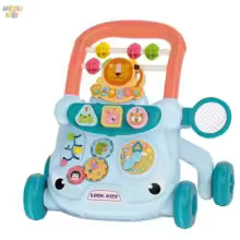 Adjustable blue baby walker with activity panel, orange handle, and anti-tip design.