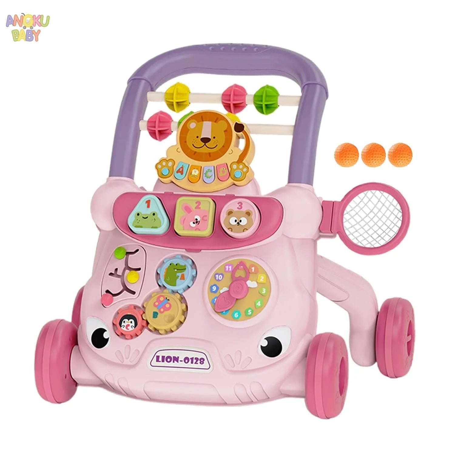 Pink multi-functional baby walker with purple handle, anti-tip design, activity panel, and lion toy.