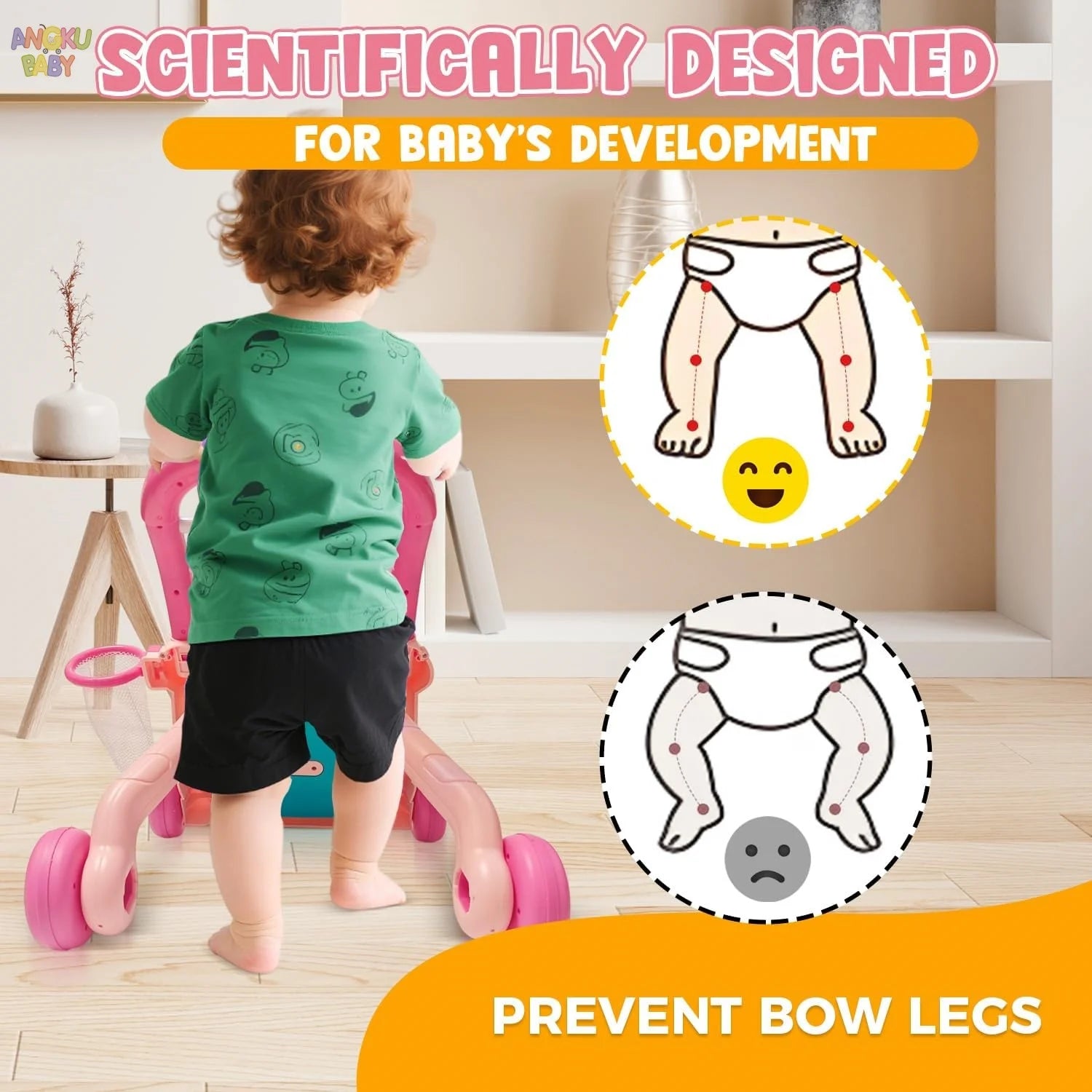 Toddler using a pink and white anti-rollover baby walker, designed to prevent bow legs.