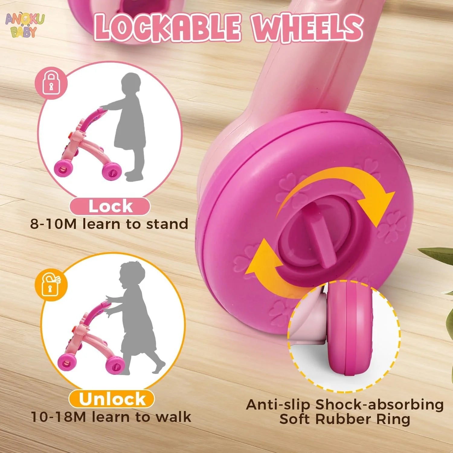 Pink baby walker wheel with lockable feature, anti-slip shock-absorbing soft rubber ring.