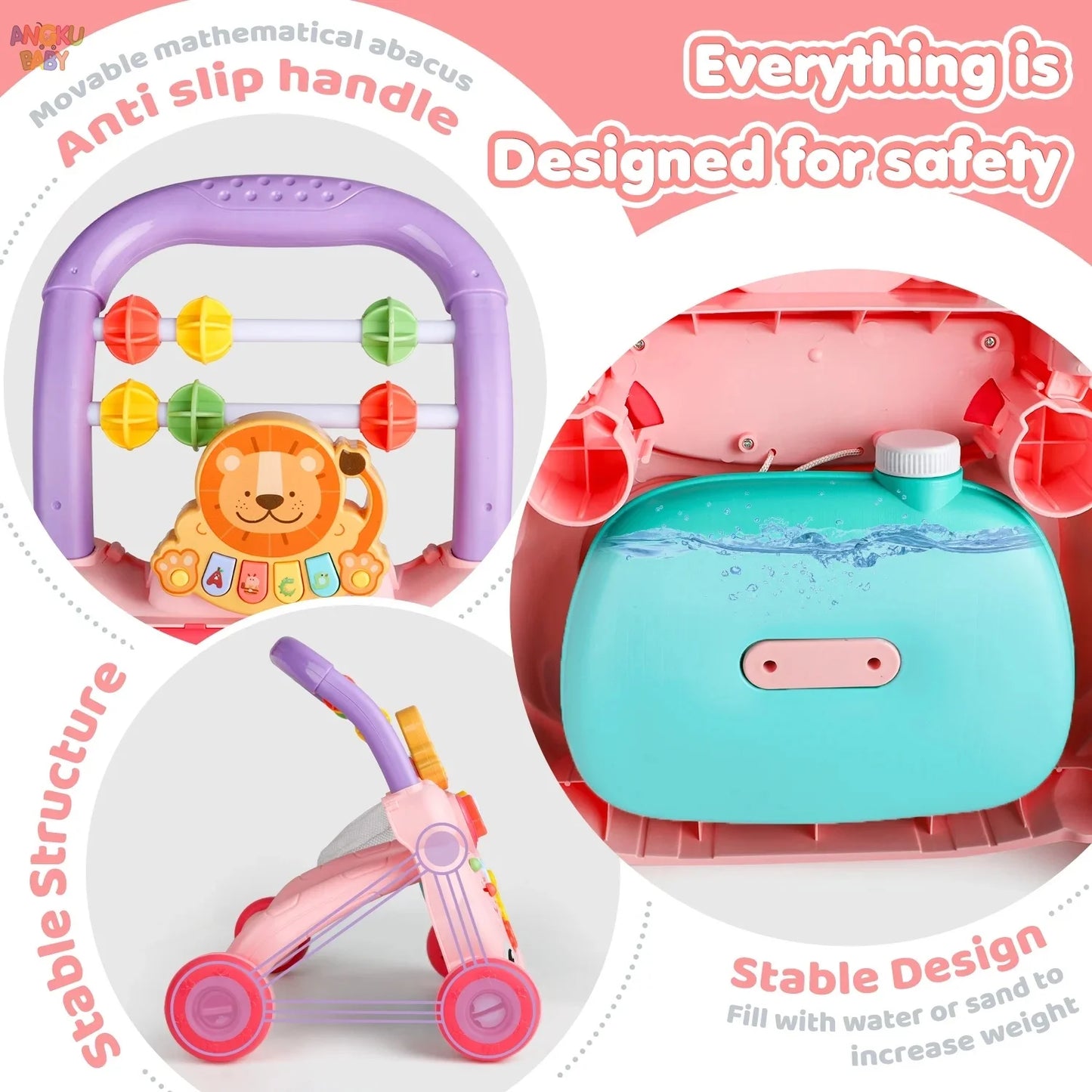 Pink baby walker with anti-slip handle, abacus, lion toy, and water/sand fillable base for stability.