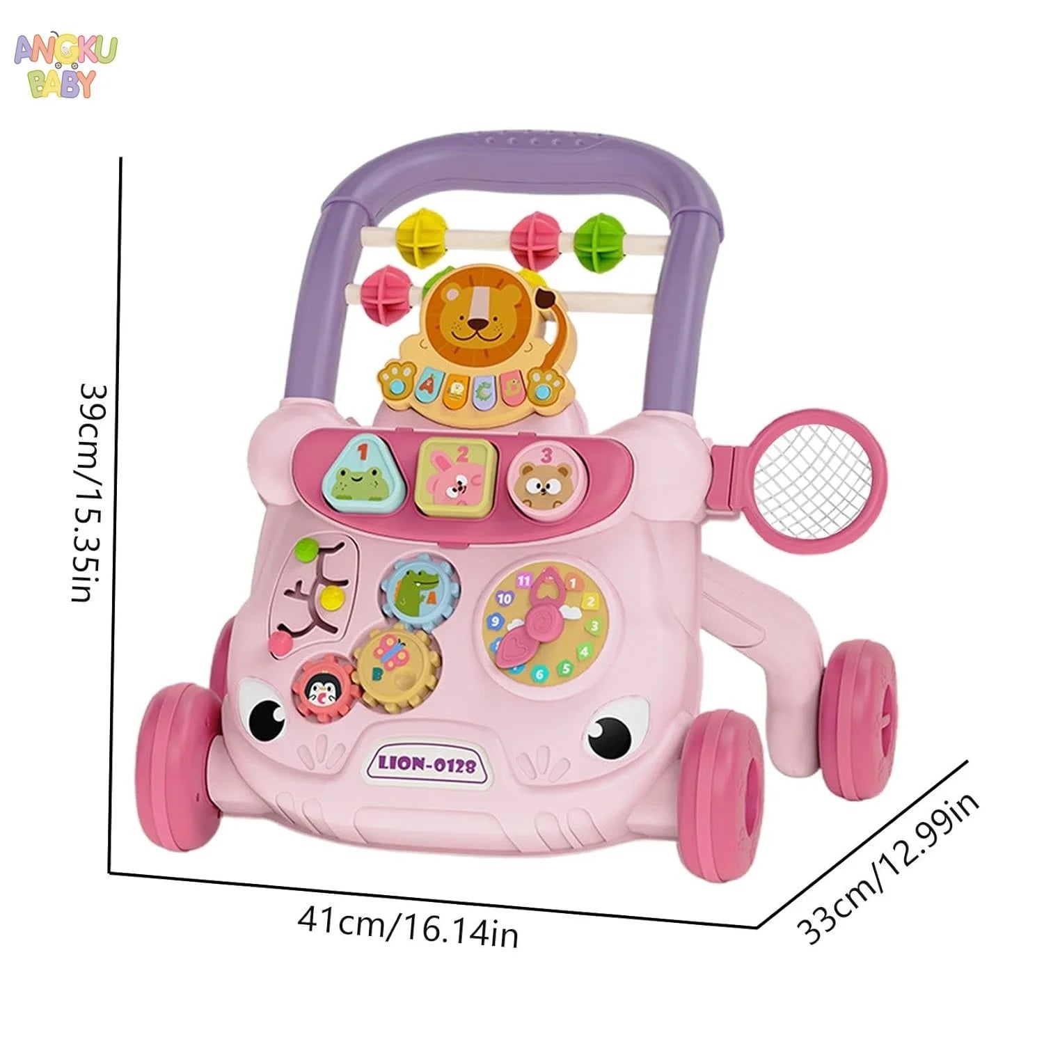 Pink multi-functional baby walker with purple handle, anti-rollover design, and interactive toys.