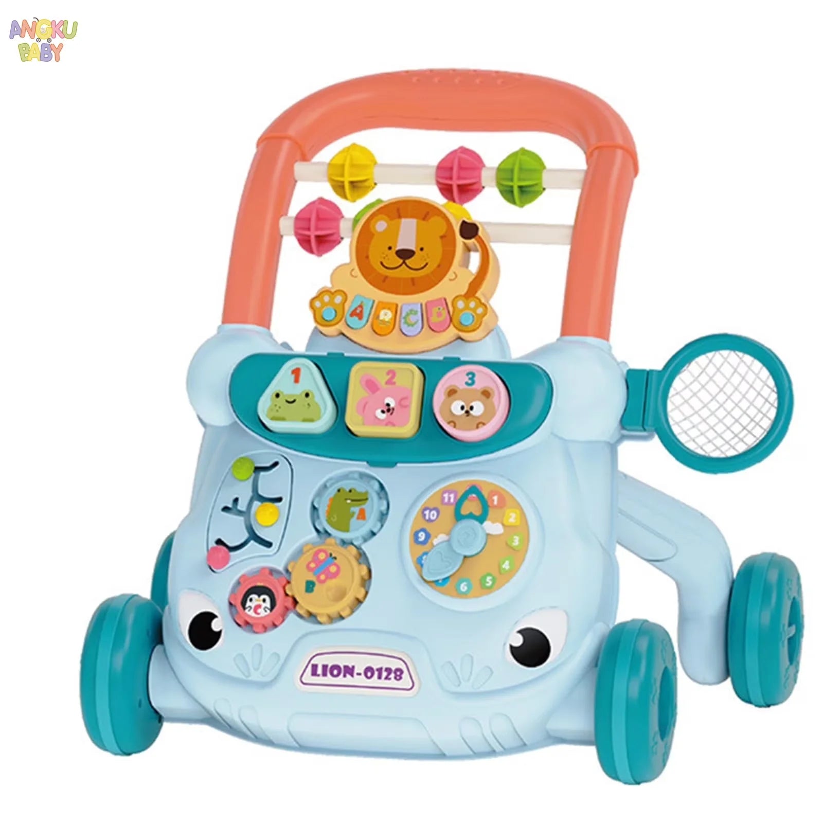 Blue multi-functional baby walker with orange handle, anti-tip design, and interactive lion-themed activity panel.