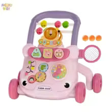 Pink multi-functional baby walker with adjustable handle, anti-tip design, and interactive toys.
