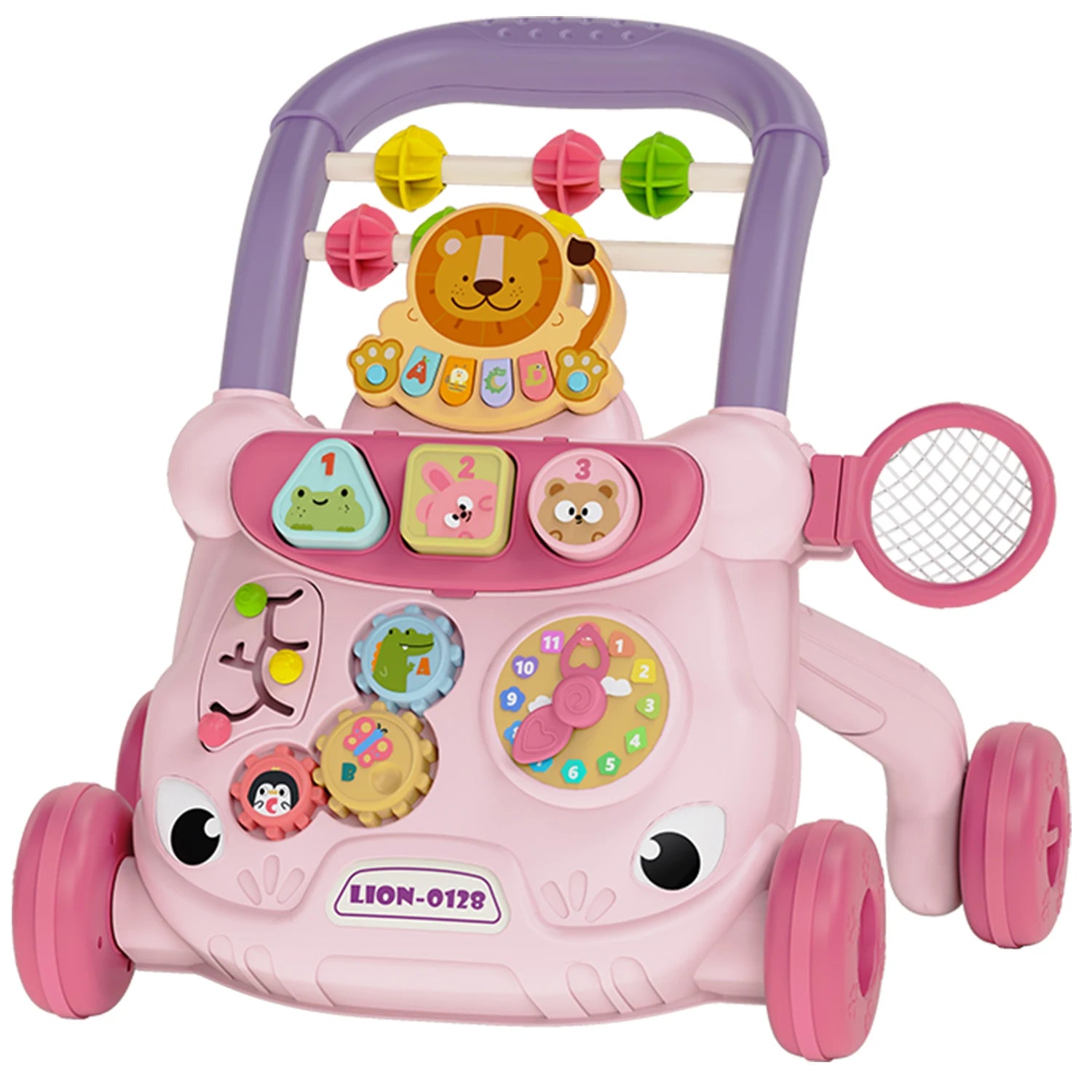 Pink musical baby walker with activity center, lion design, and colorful interactive toys.