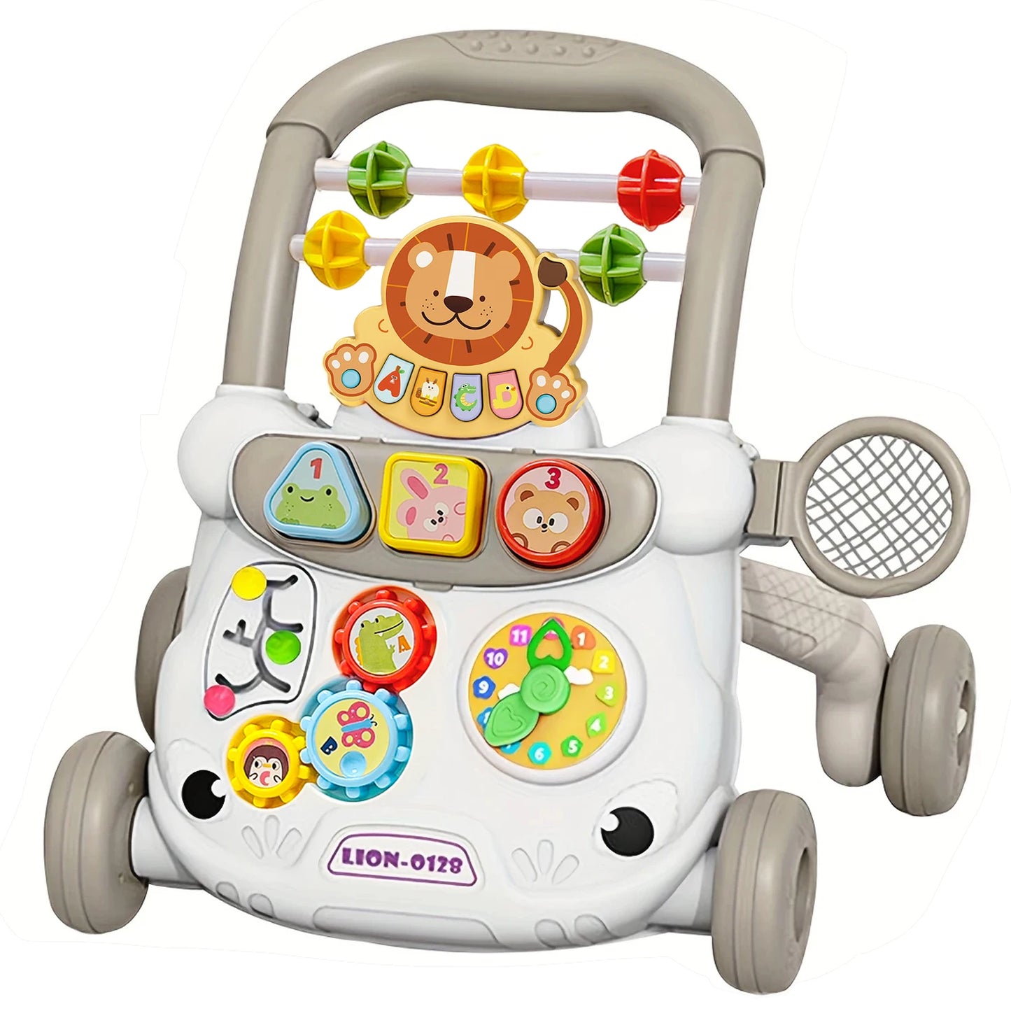 White and gray musical baby walker with lion activity center, colorful buttons, and abacus.