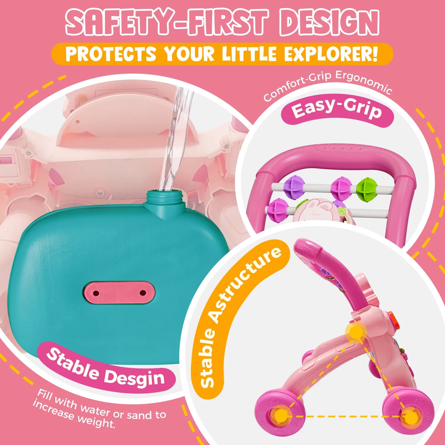 Pink baby walker with ergonomic easy-grip handle and stable design, featuring a teal water/sand-fillable base.