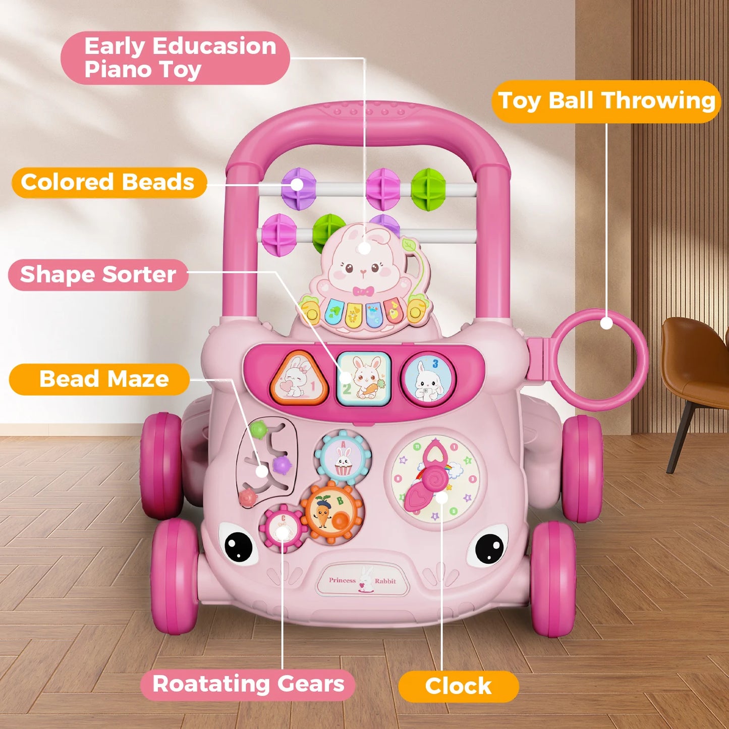 Pink musical baby walker with activity center, piano, shape sorter, and rotating gears.