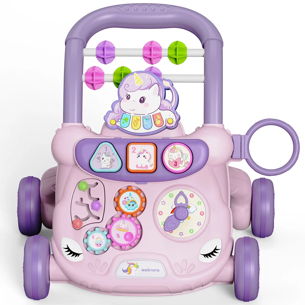 Pink and purple musical baby walker with unicorn design and interactive activity center.