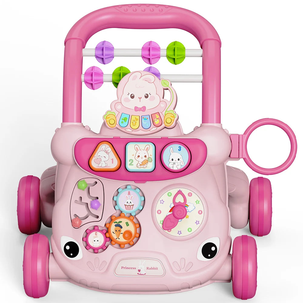 Pink musical baby walker with learning activity center, rabbit design, and colorful interactive toys.