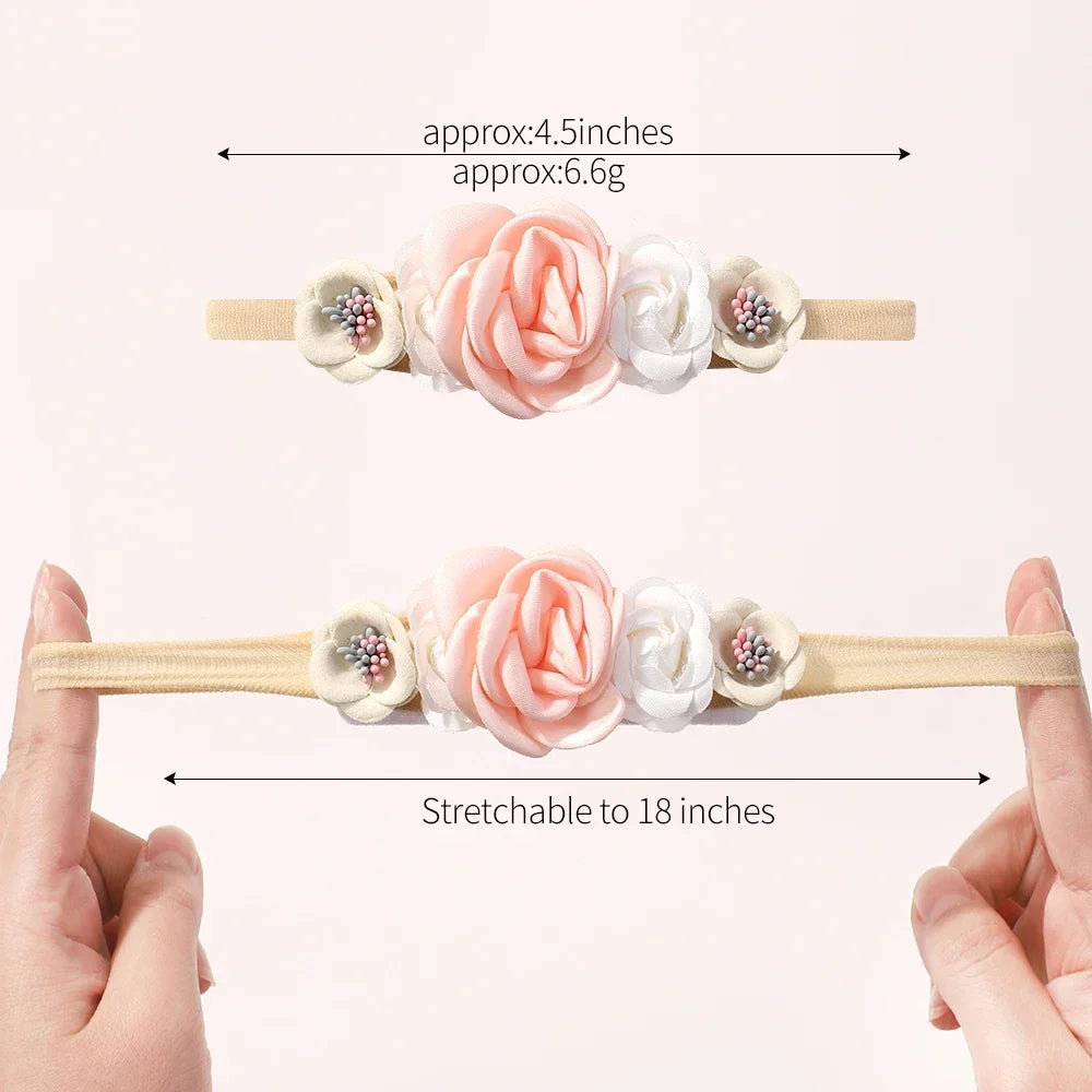 Baby headband with pink and white lace flowers, shown unstretched and stretched, measuring 4.5 inches and up to 18 inches.