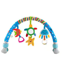 Adjustable baby activity arch with colorful sea animal plush toys, mirror, and rattle.