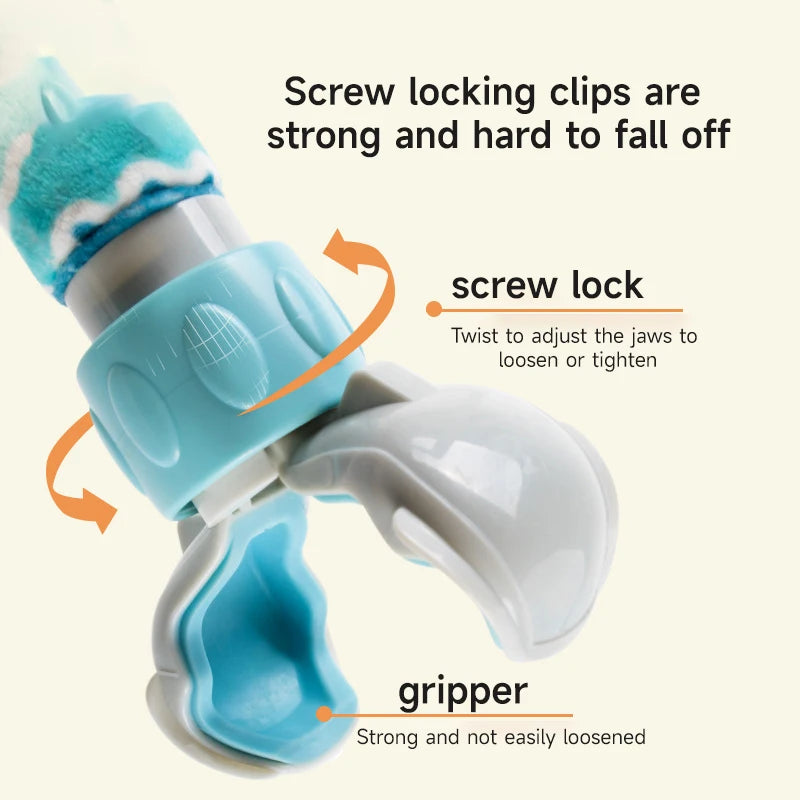 Adjustable baby stroller activity arch with blue screw-locking clips and gripper.