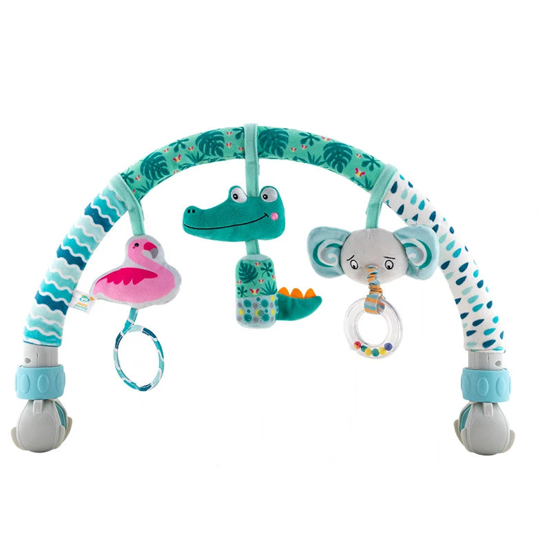 Adjustable baby activity arch with plush flamingo, crocodile, and elephant toys, plus a rattle.
