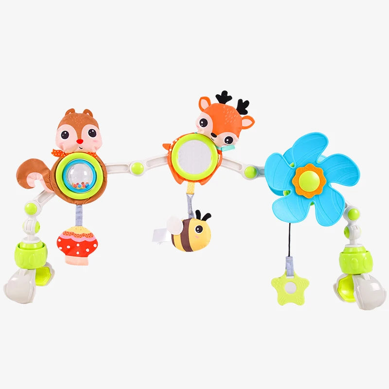 Colorful baby activity arch with hanging squirrel, deer, bee, and flower toys.