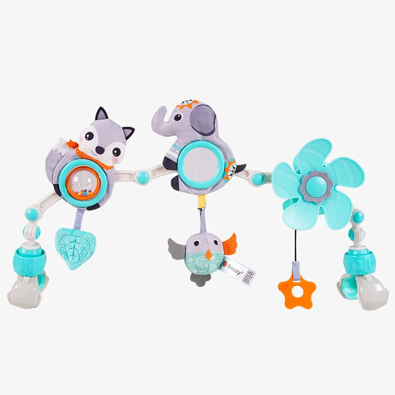 Baby activity arch with hanging fox, elephant, bird, and flower toys in gray and teal.