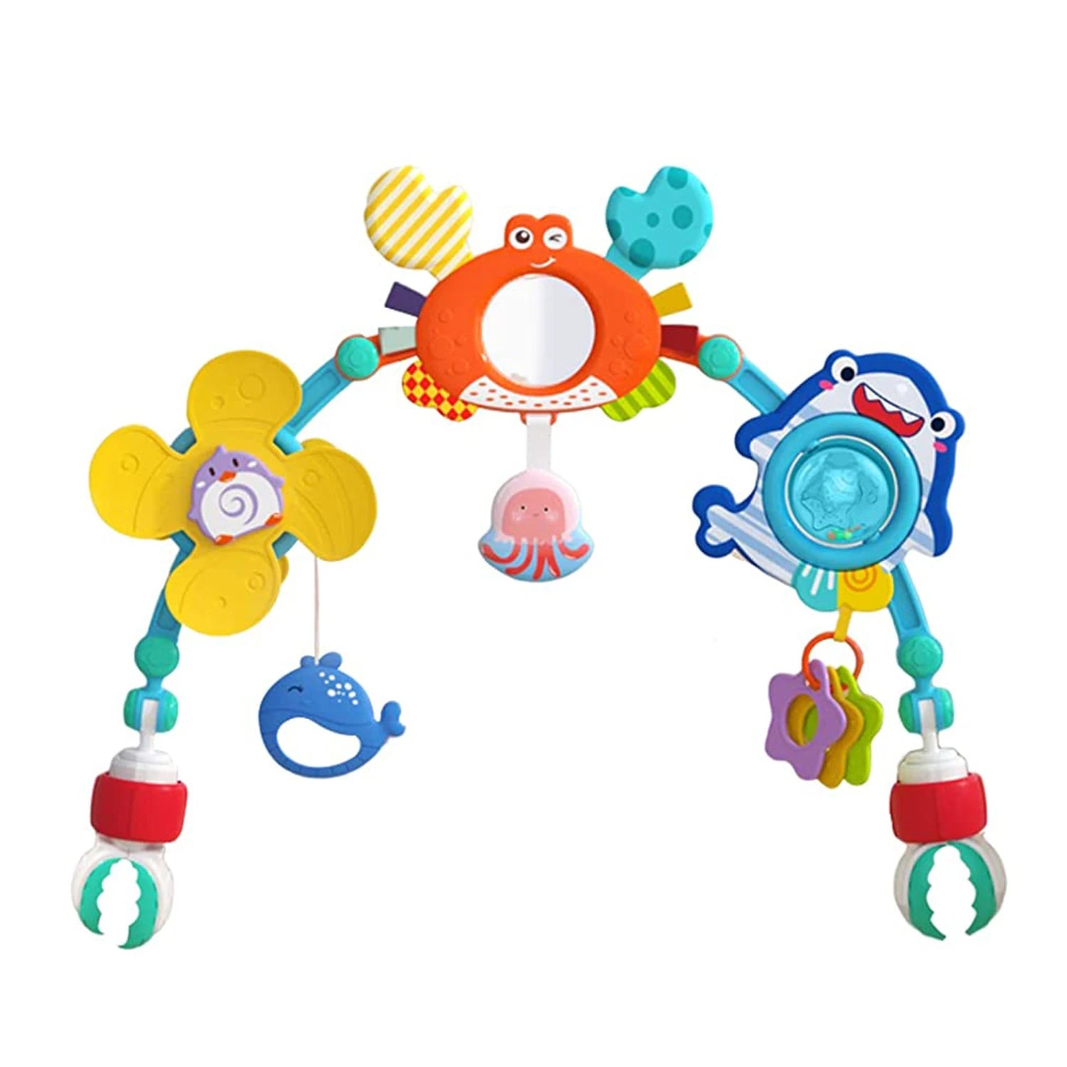 Colorful baby activity arch with hanging crab mirror, whale, flower, and shark toys, plus universal clips.