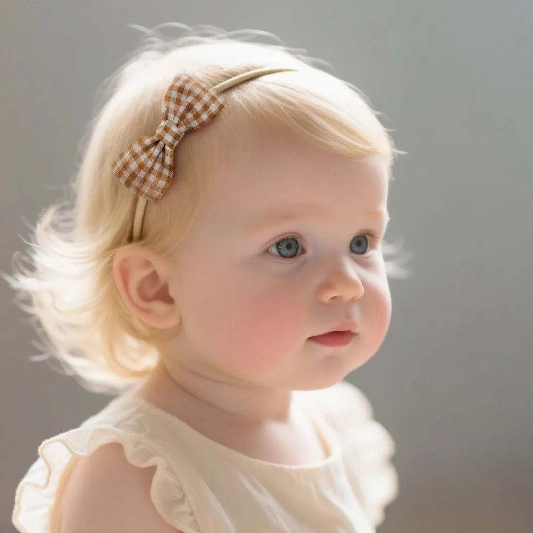 Blonde baby girl wearing a soft, elastic headband with a brown and white gingham bow.